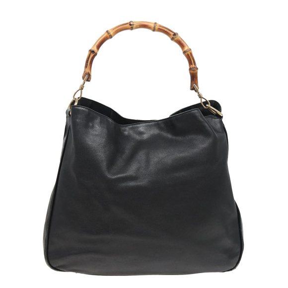 GUCCI Bamboo Hand Bag Leather 2way Black 001 1577 Auth 81330 - Picture 3 of 16